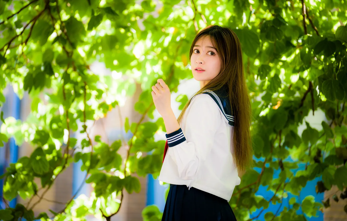 Photo wallpaper leaves, girl, branches, Asian, cutie, bokeh