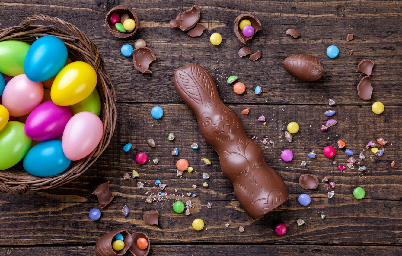 Photo wallpaper chocolate, eggs, colorful, rabbit, candy, Easter, wood, chocolate