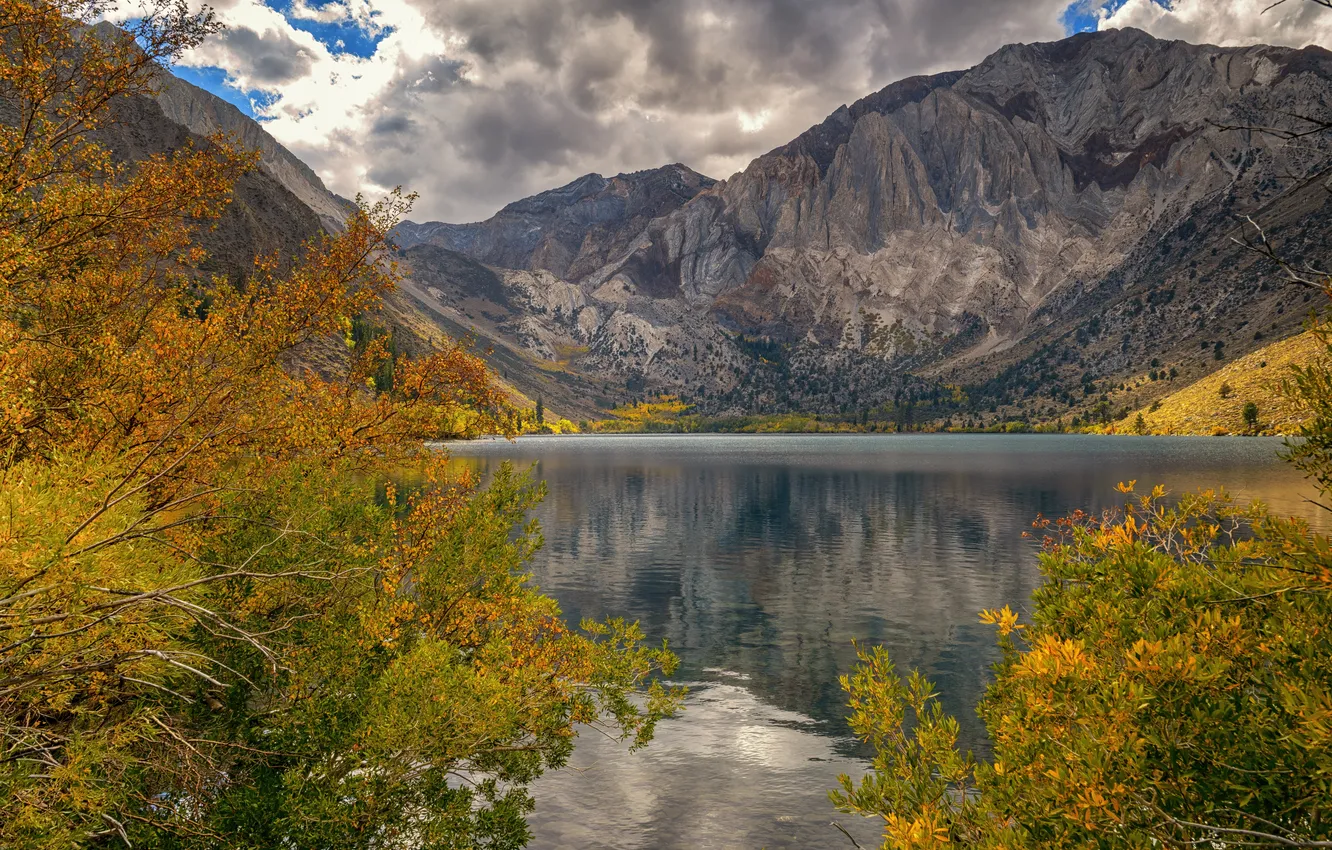 Photo wallpaper autumn, the sky, trees, mountains, clouds, lake, rocks, Convict Lake
