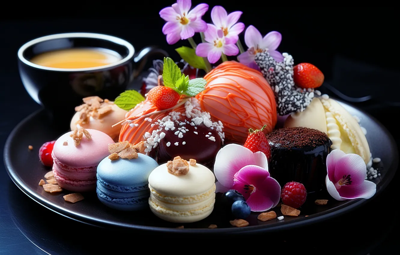 Photo wallpaper food, the tea party, sweets, dessert, Orchid, cocoa, serving, macaroon