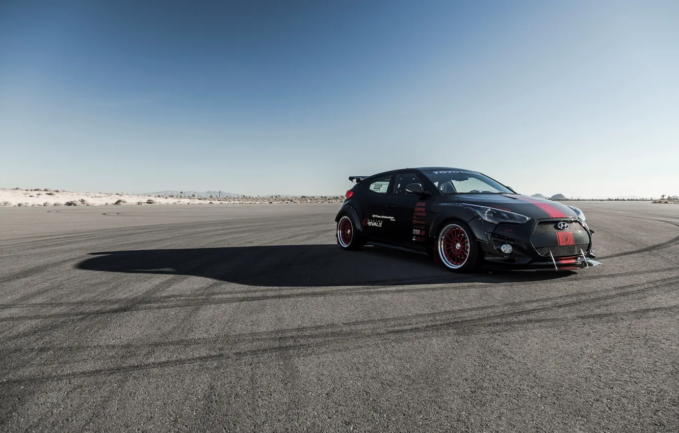 Photo wallpaper black, Hyundai, Turbo, red stripes, SEMA, Veloster, 2015