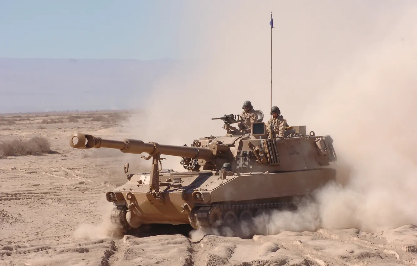 Photo wallpaper sand, dust, installation, self-propelled, artillery, (SAU), M109