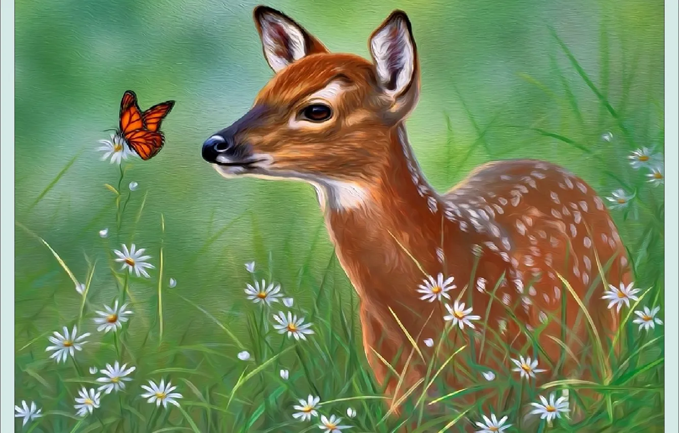 Photo wallpaper painting, flowers, picture, flowers, art, painting, format A4, deer