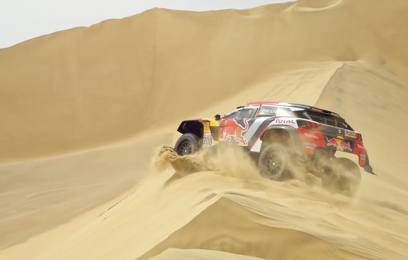 Photo wallpaper Sand, Auto, Sport, Machine, Speed, Peugeot, Lights, Red Bull