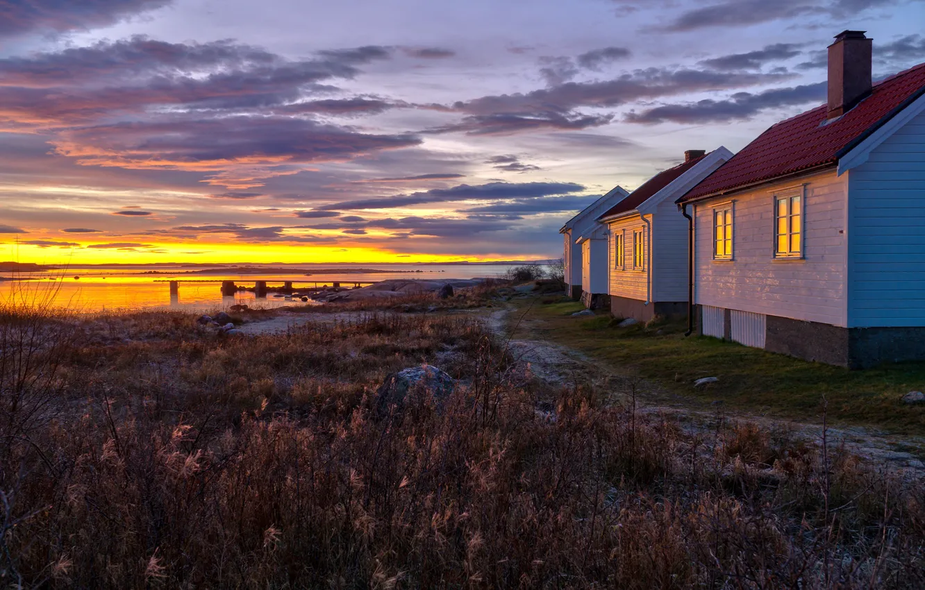 Photo wallpaper sunset, coast, the evening, Norway, houses
