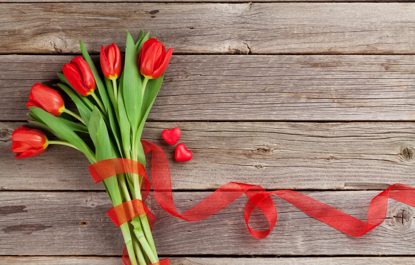 Photo wallpaper bouquet, tape, tulips, red, wood, romantic, hearts, tulips