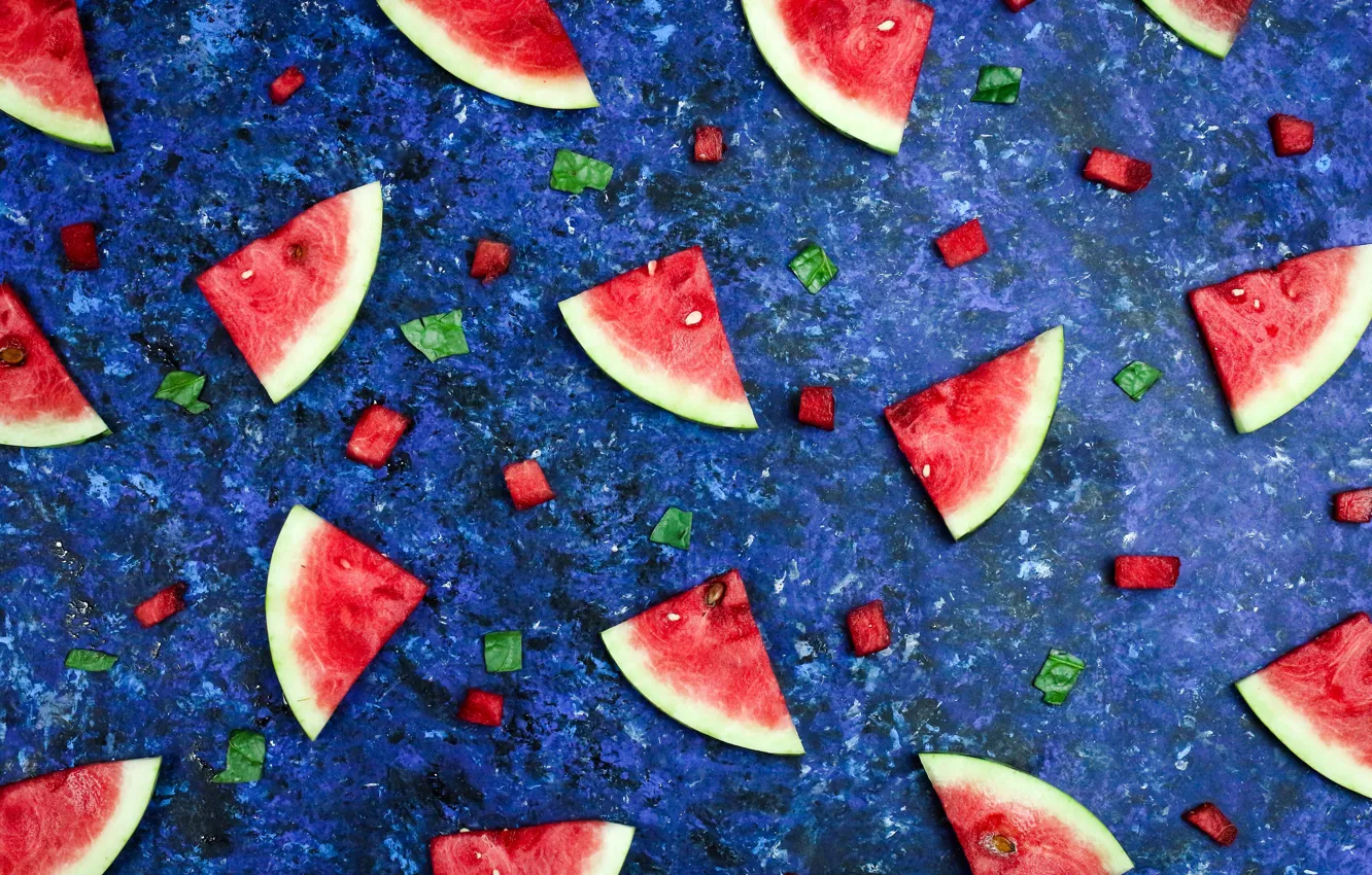 Photo wallpaper blue, red, background, color, texture, watermelon, pieces, leaves