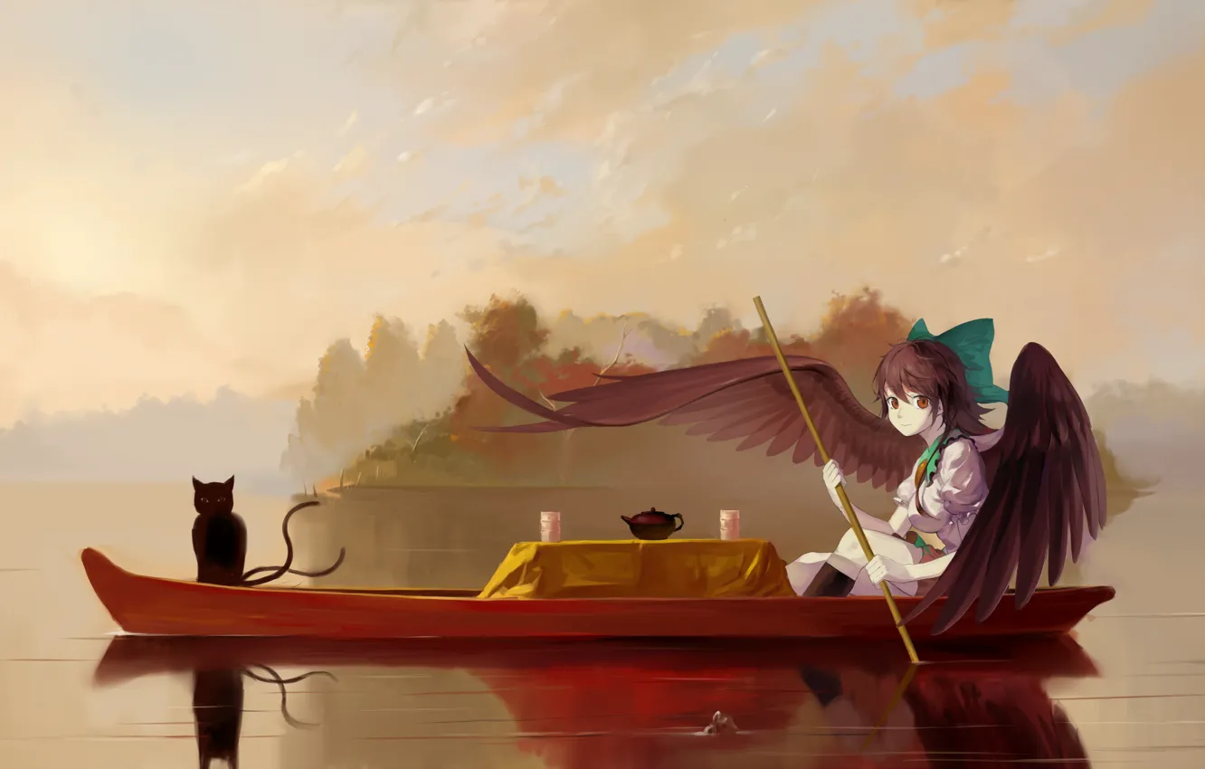 Photo wallpaper fog, reflection, boat, the tea party, calm, paddle, two tails, Reiu Equipment, Utsuho