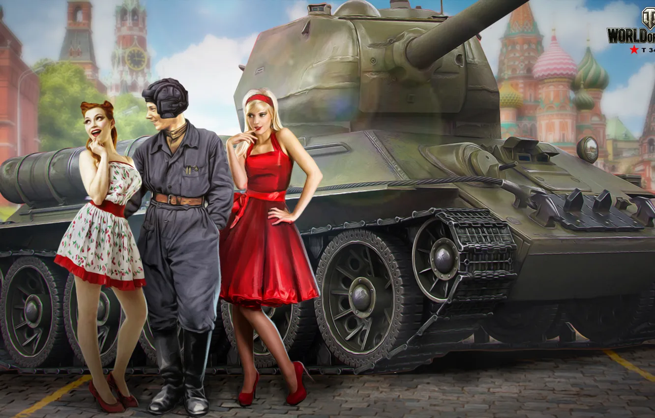 Photo wallpaper girls, figure, two, art, tank, Moscow, The Kremlin, USSR
