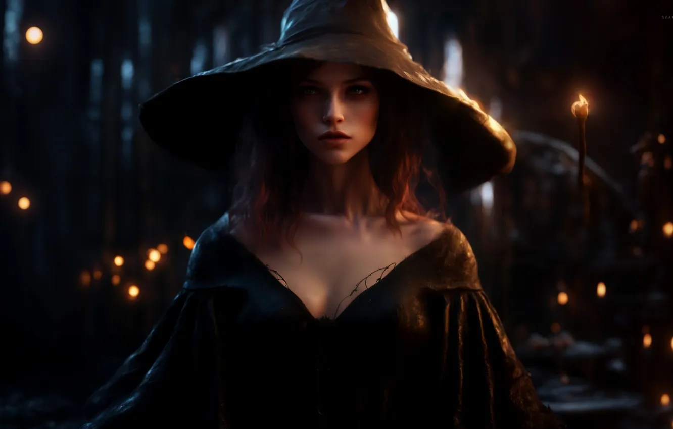 Photo wallpaper look, night, lights, hat, neckline, witch, digital art, digital art