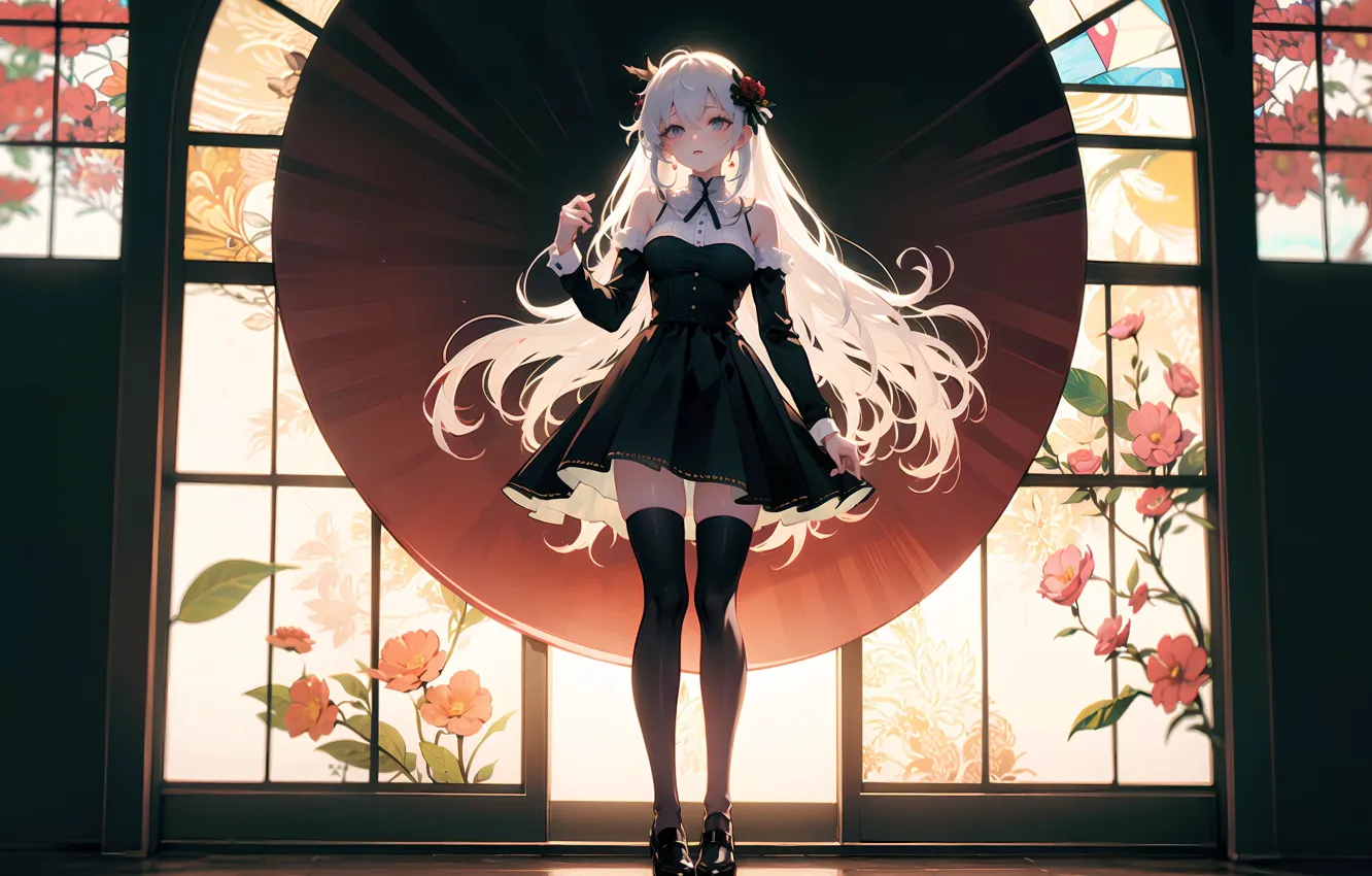 Photo wallpaper flowers, anime, window, black dress, gesture, long hair, long hair, white hair