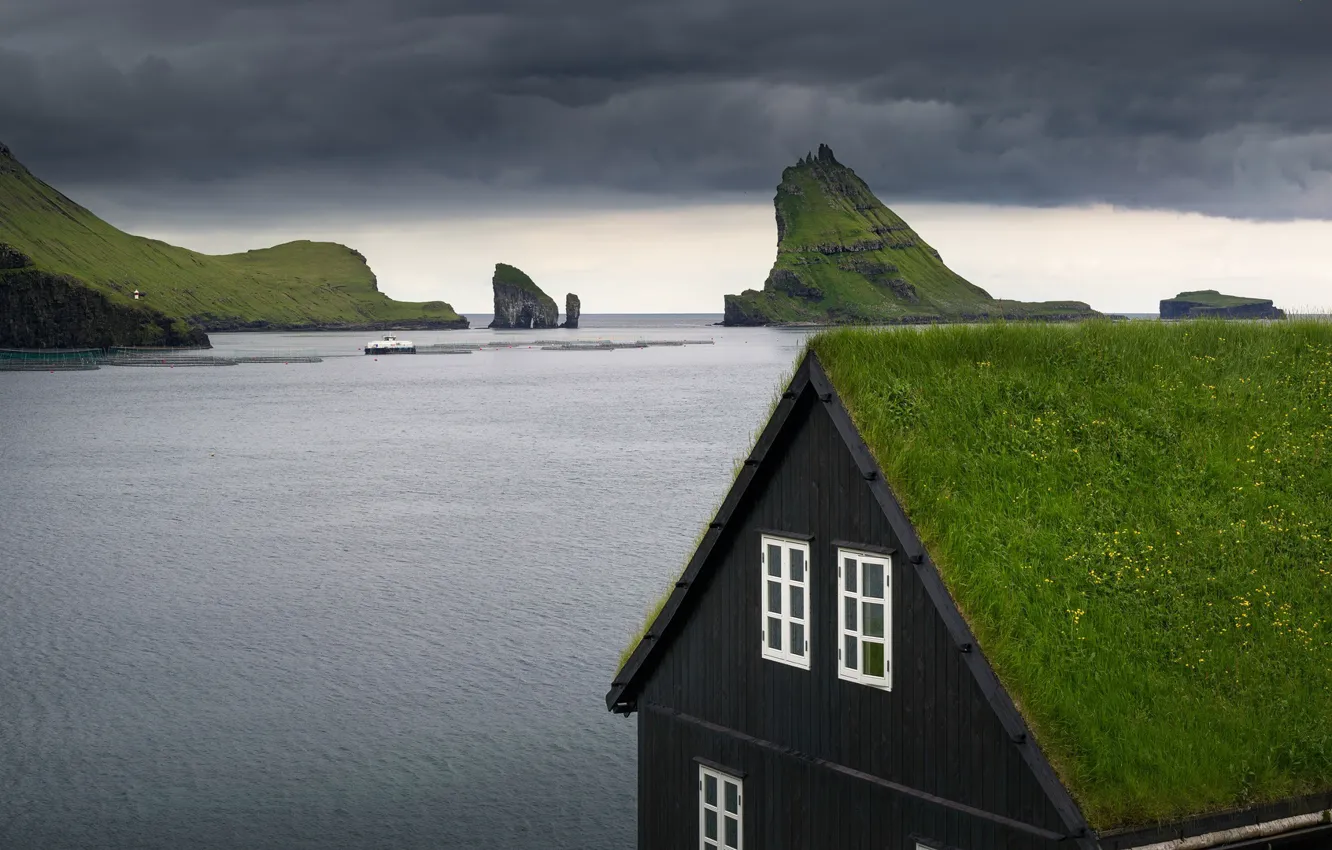Photo wallpaper shore, home, Faroe Islands, Vaga, Bour