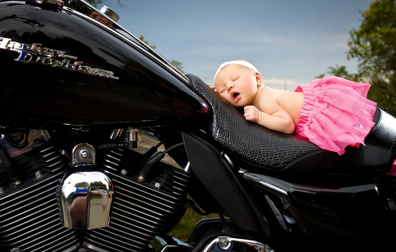 Photo wallpaper sleep, sleeping, motorcycle, girl, headband, baby, skirt, Harley-Davidson