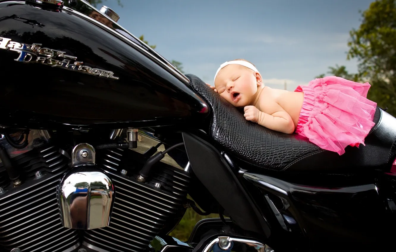 Photo wallpaper sleep, motorcycle, girl, headband, baby, skirt, Harley-Davidson, sleeping