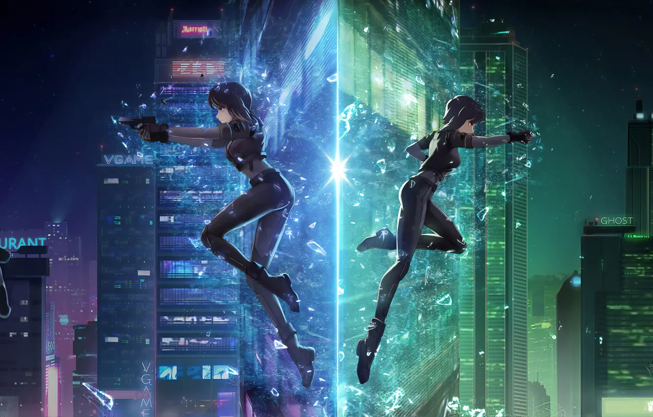 Photo wallpaper girl, light, night, the city, gun, Ghost Blade, Ghost in the shell