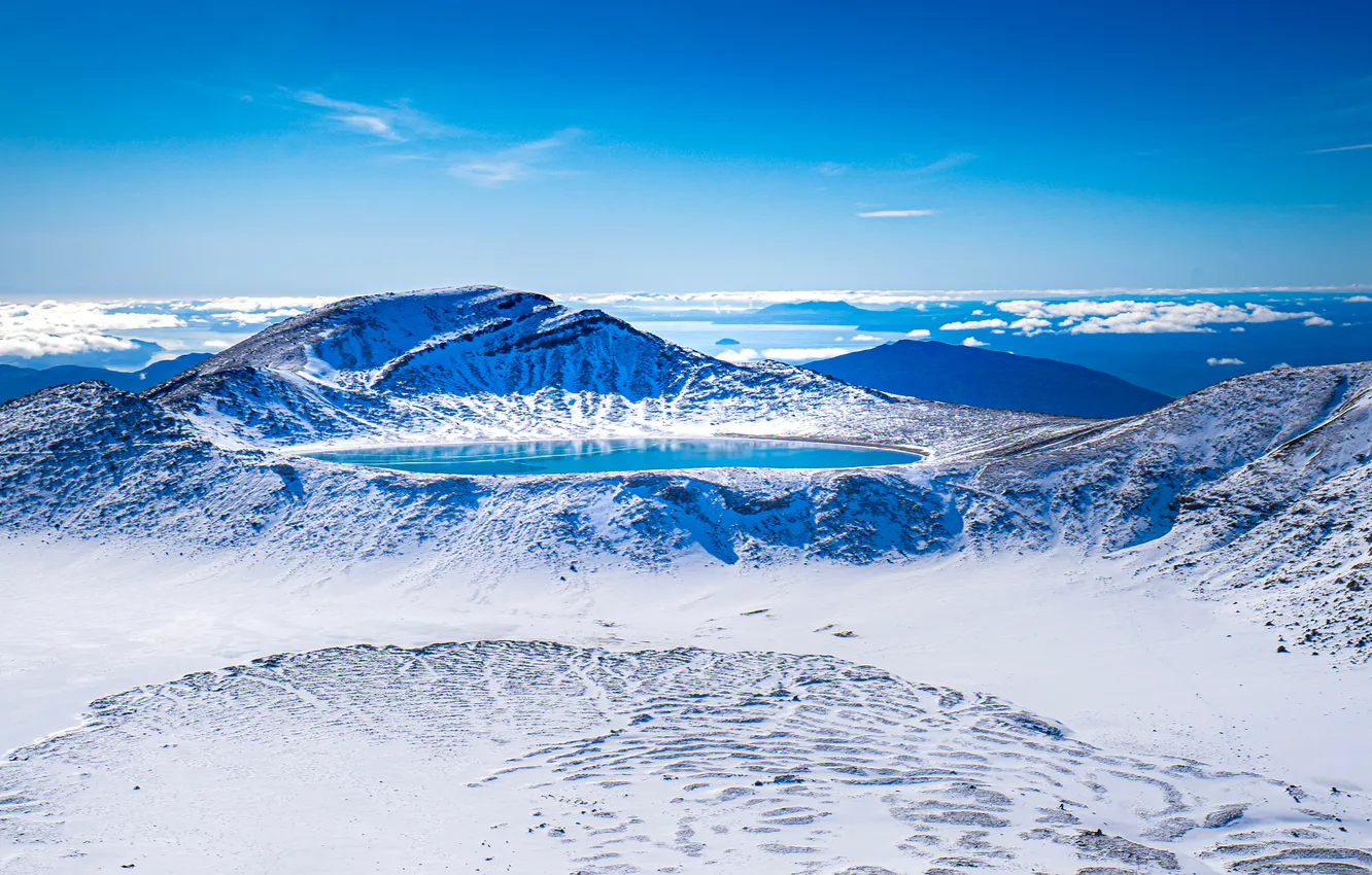 Photo wallpaper snow, mountains, lake