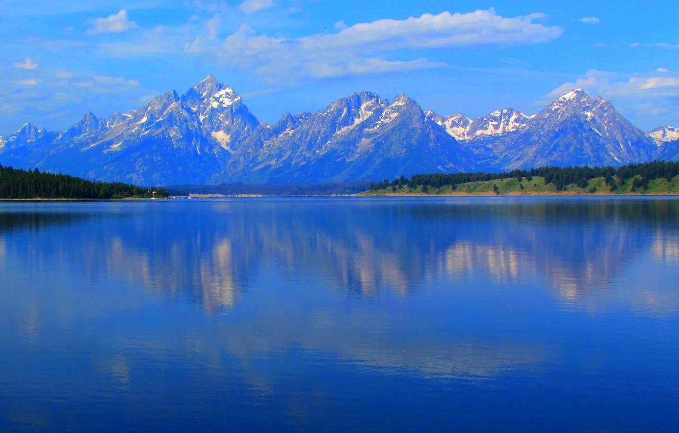 Photo wallpaper forest, the sky, clouds, trees, mountains, lake, Wyoming, USA