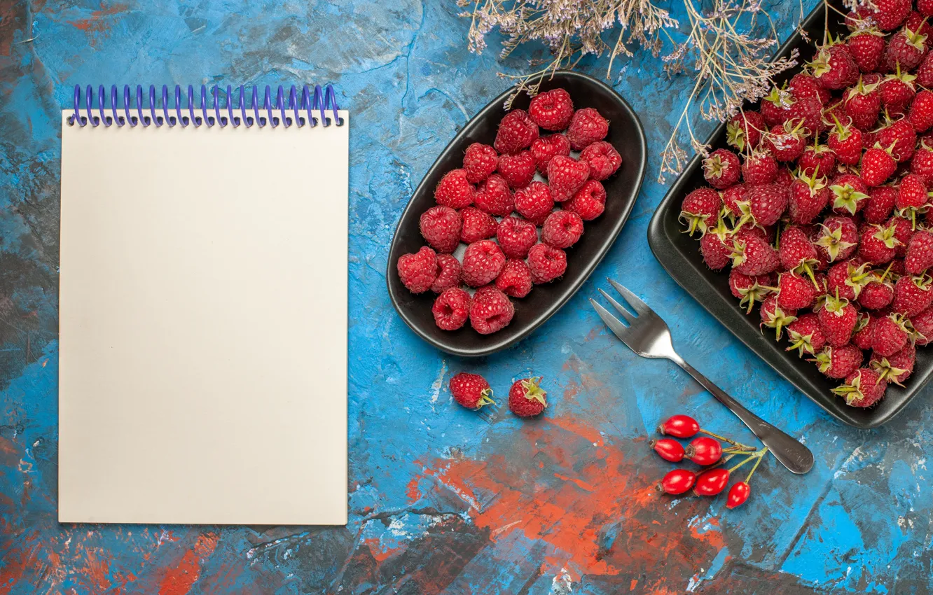 Photo wallpaper berries, raspberry, Notepad, tray, blue background, blue background