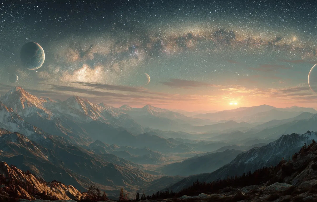 Photo wallpaper space, stars, mountains, fog, rocks, tops, view, planet