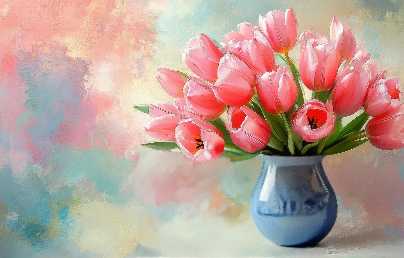 Photo wallpaper flowers, holiday, paint, bouquet, spring, spot, tulips, vase