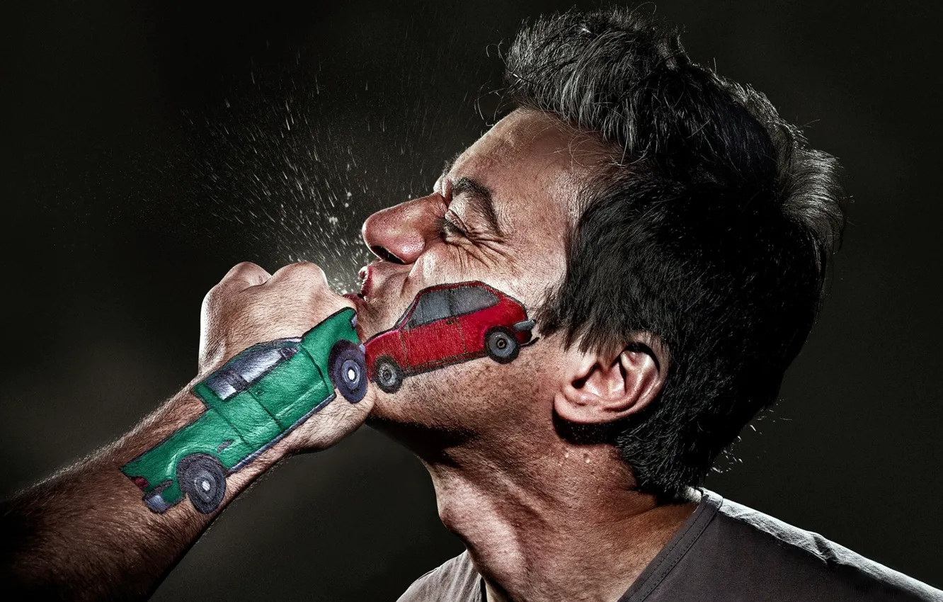 Photo wallpaper squirt, face, blow, male, clash, fist