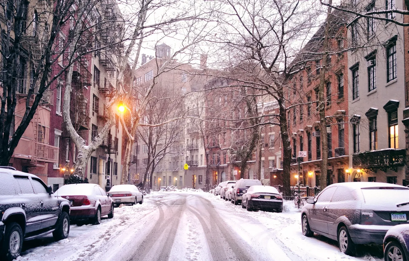Photo wallpaper winter, road, light, snow, trees, machine, the city, street