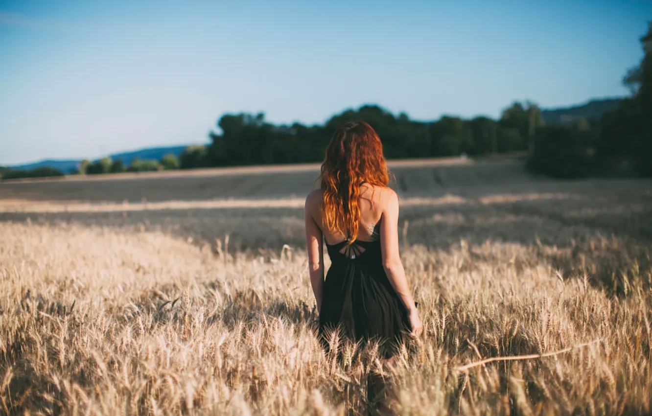 Photo wallpaper field, ears, back, the red-haired girl
