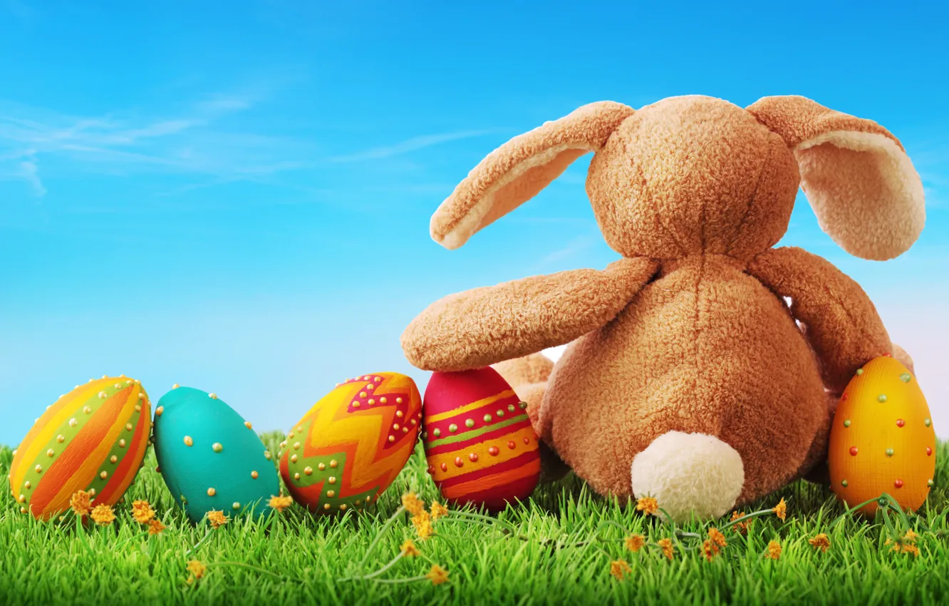 Photo wallpaper holiday, toy, eggs, rabbit, Easter, weed, Bunny