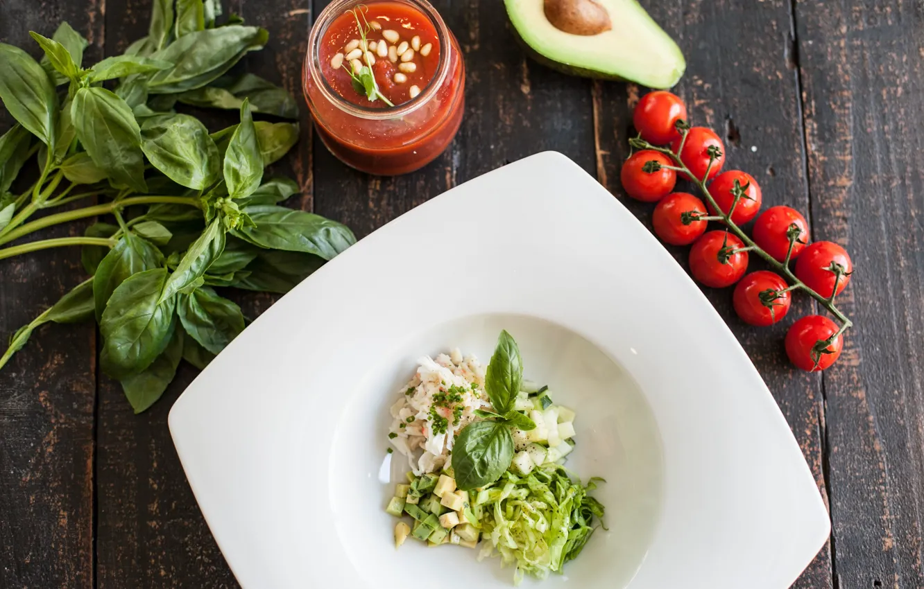 Photo wallpaper tomatoes, sauce, salad, avocado