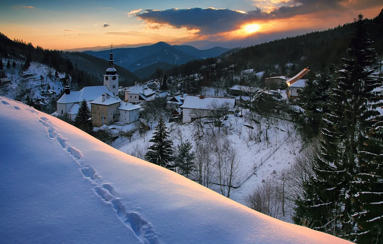 Photo wallpaper winter, snow, landscape, sunset, mountains, traces, nature, village