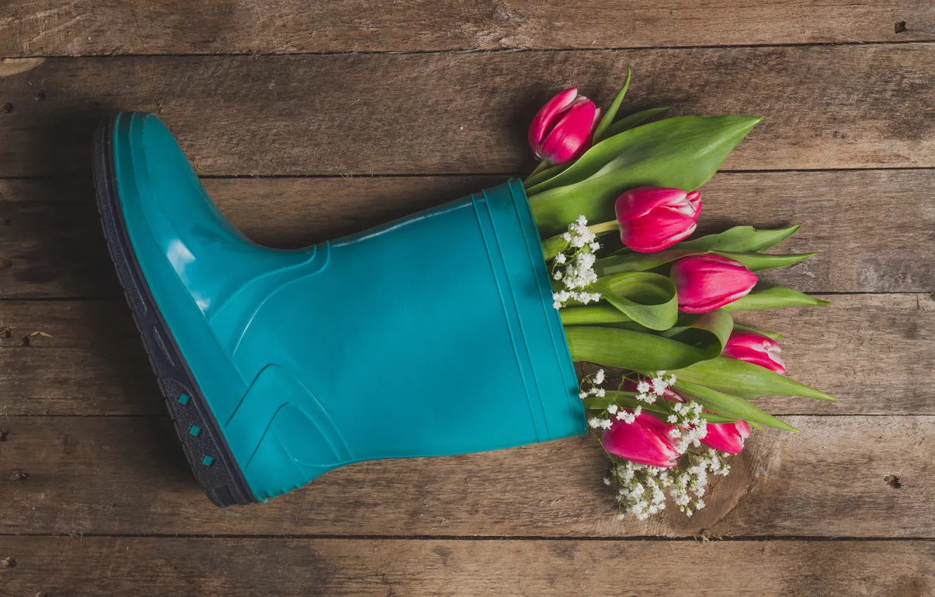 Photo wallpaper flowers, bouquet, boots, tulips, flowers, tulips, bouquet, boots