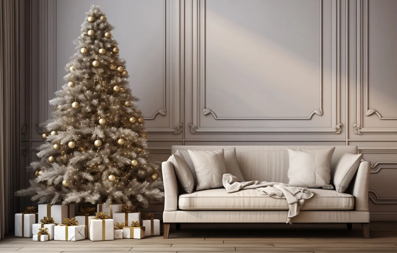Photo wallpaper decoration, room, sofa, gift, balls, tree, new year, home