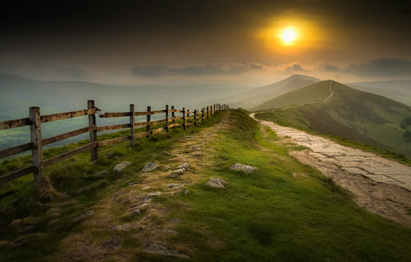 Photo wallpaper sunset, mountains, the fence
