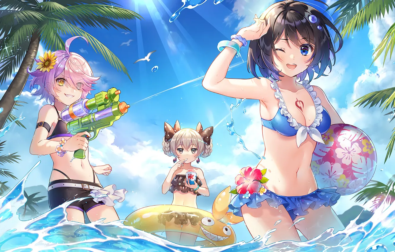 Photo wallpaper sexy, cleavage, beach, shorts, pink hair, sea, girls, boobs