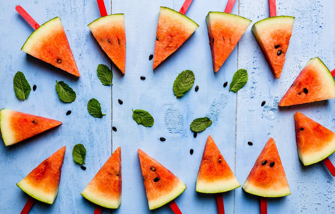 Photo wallpaper leaves, Watermelon, berry, seeds, mint, slices