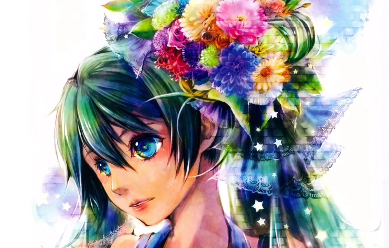 Photo wallpaper face, bouquet, hairstyle, blue eyes, vocaloid, hatsune miku, stars, lace