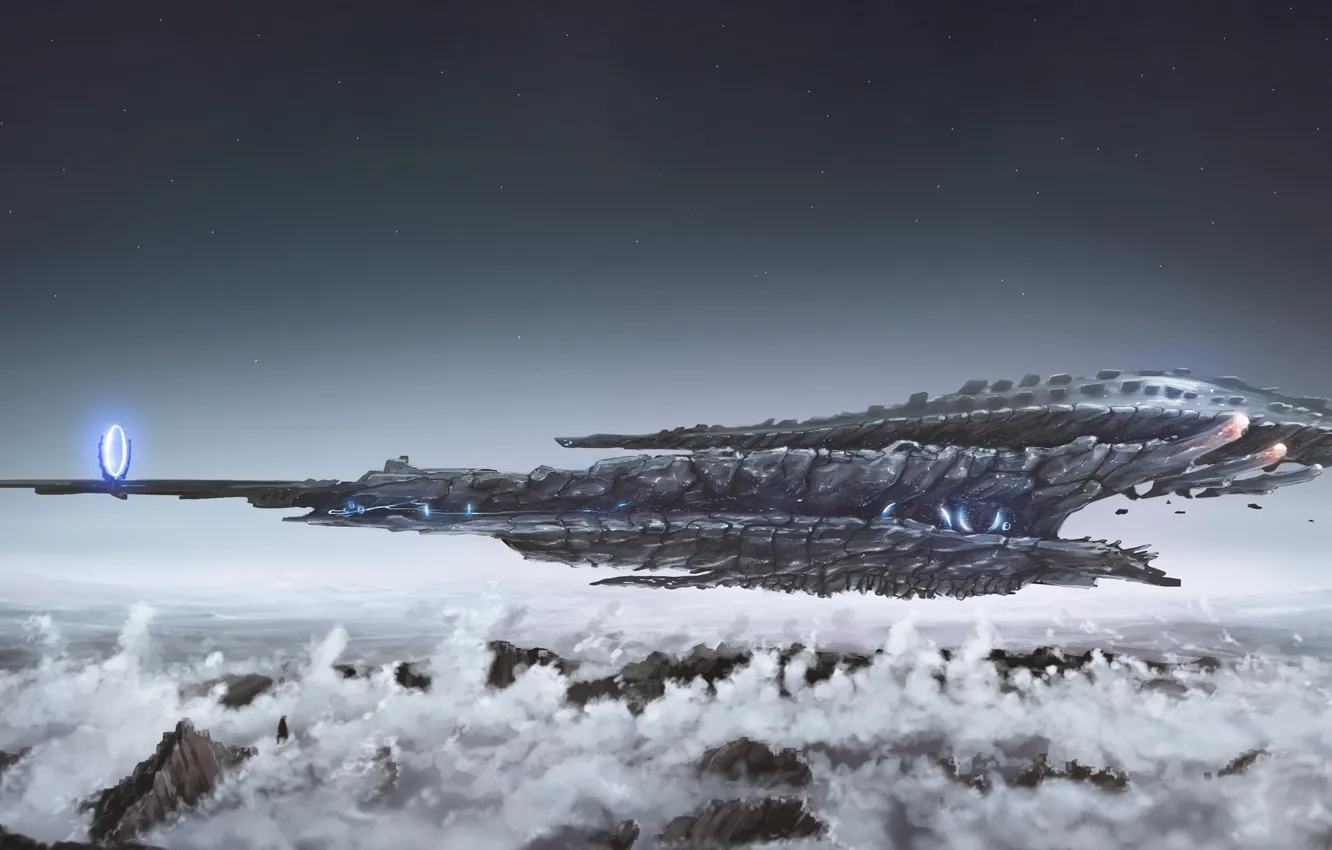 Photo wallpaper clouds, mountains, fiction, ship, fantasy, science fiction, art, spaceship