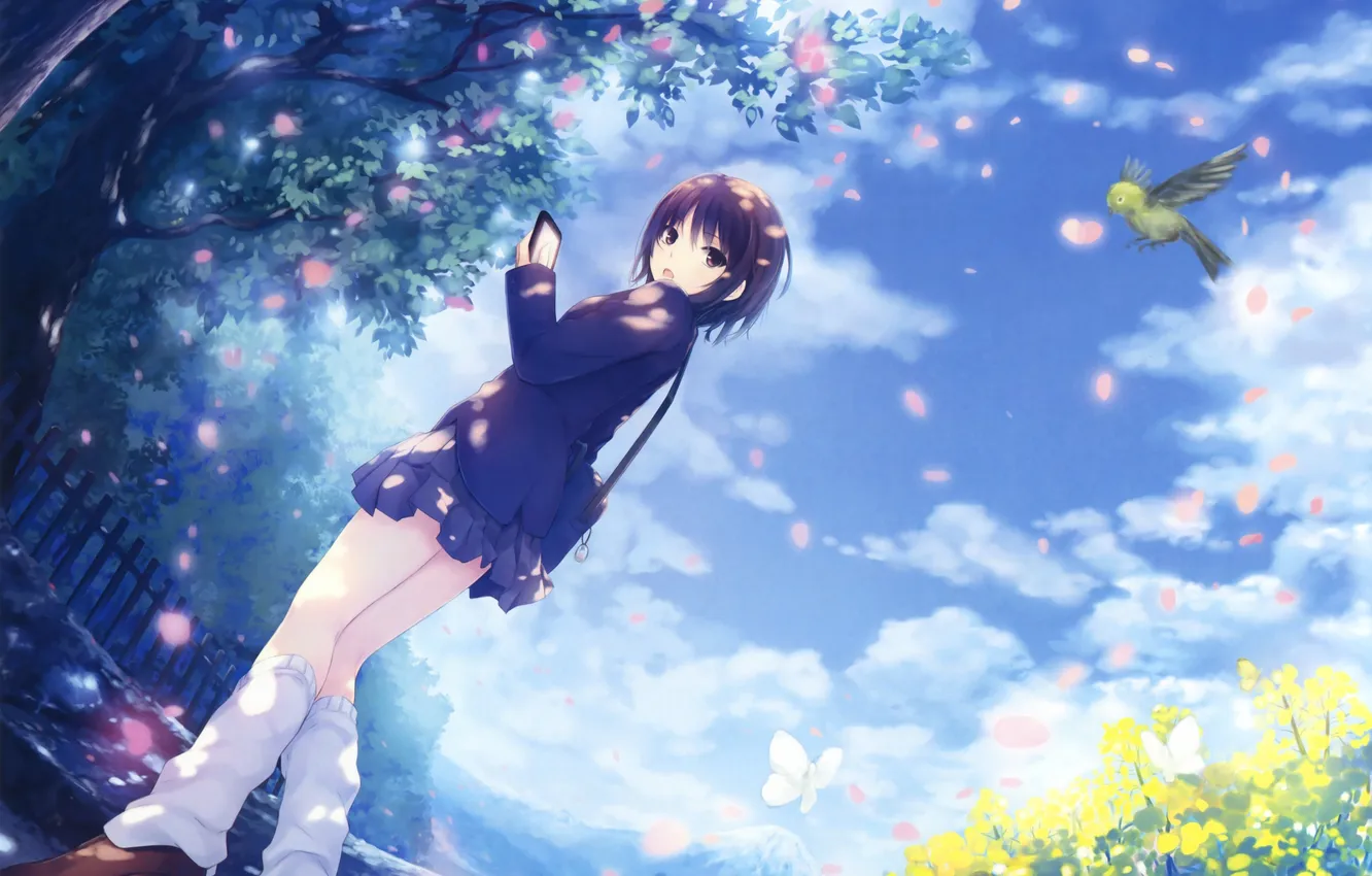 Photo wallpaper girl, clouds, trees, flowers, Park, bird, petals, art