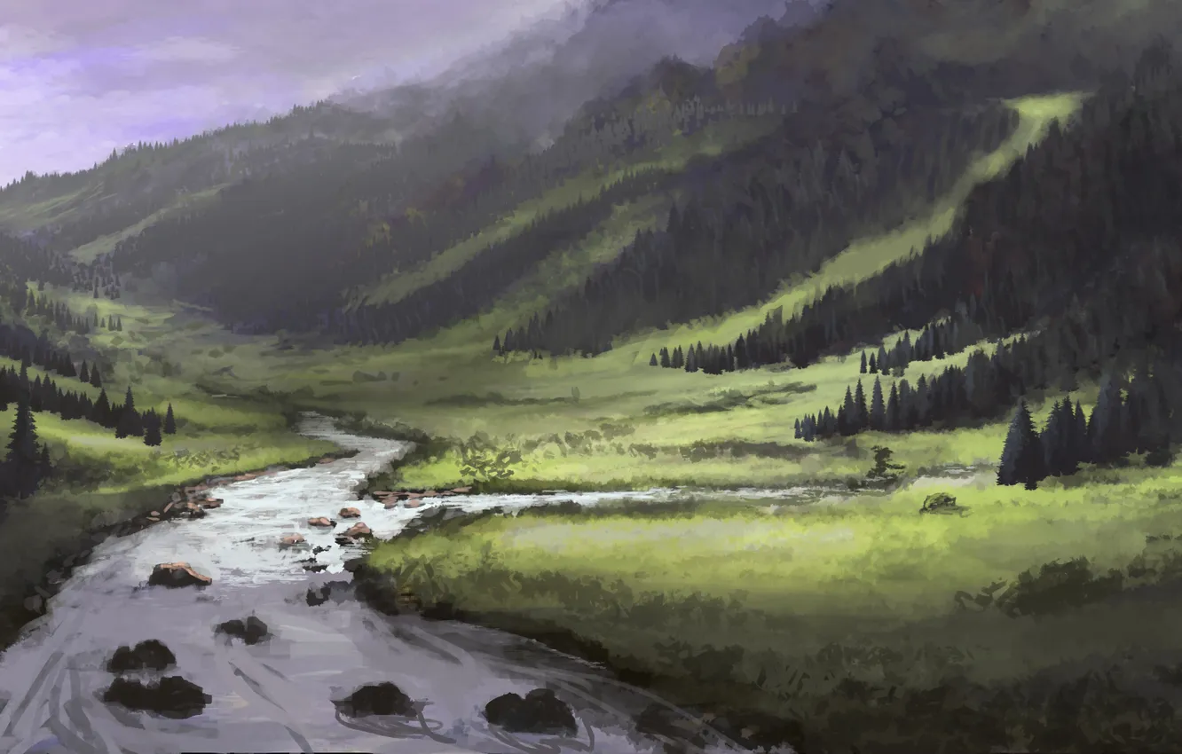 Photo wallpaper forest, trees, river, hills, valley, art