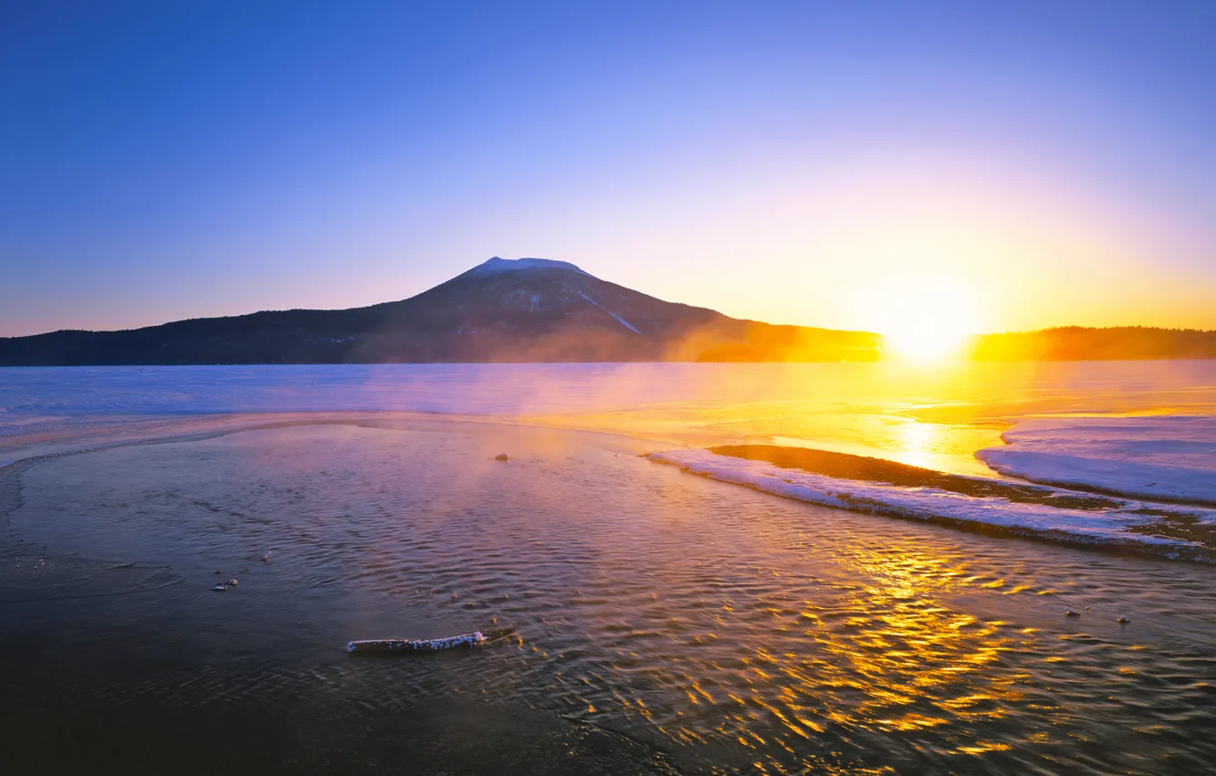 Photo wallpaper the sun, mountains, lake, sunrise, Japan, Hokkaido
