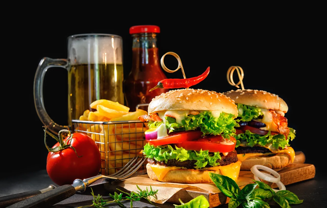 Photo wallpaper glass, Board, bottle, beer, knife, meat, pepper, plug