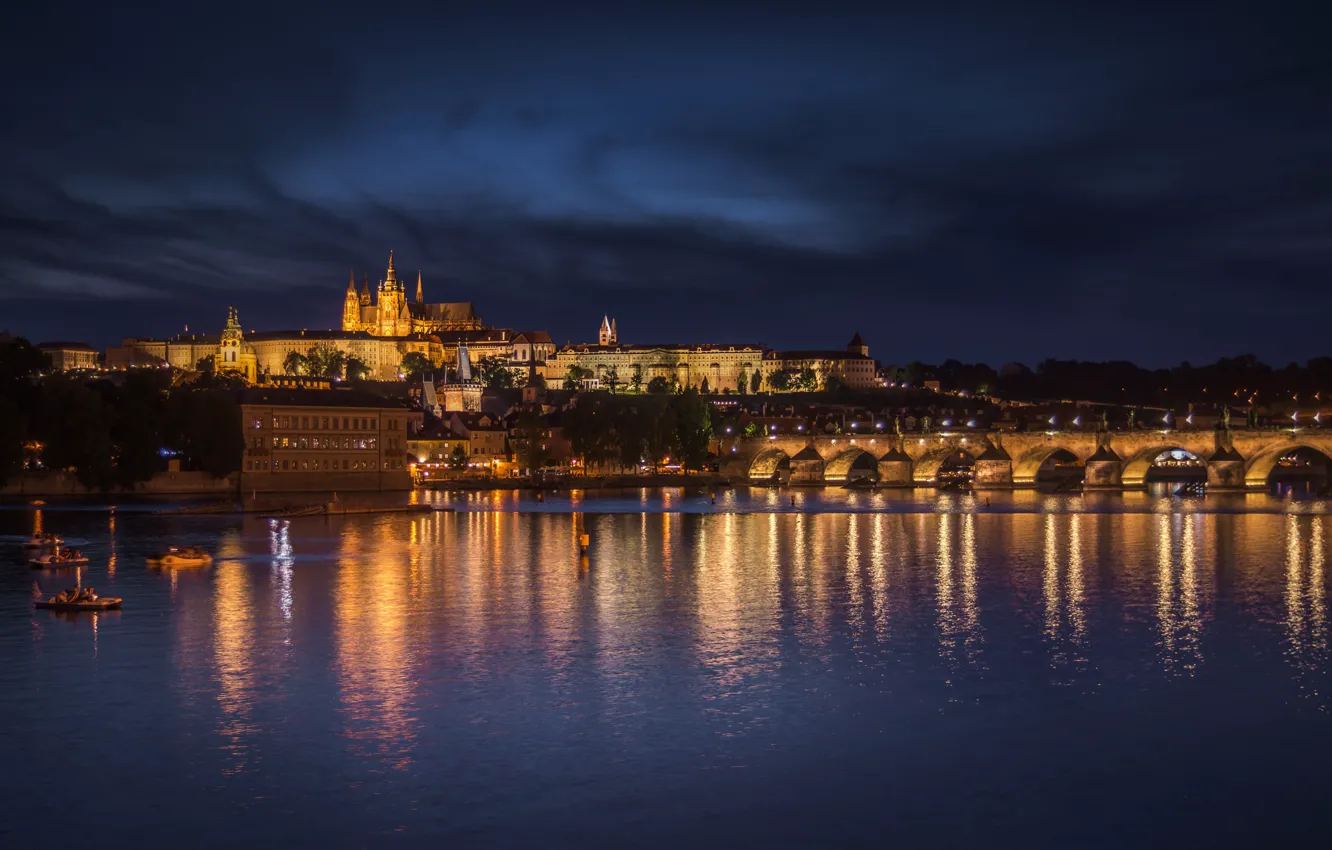 Photo wallpaper night, bridge, lights, river, home, Prague, Czech Republic, promenade