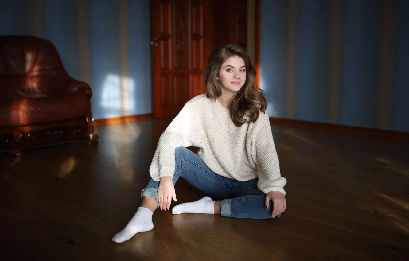 Photo wallpaper girl, sweetheart, jeans, brunette, socks, sweater, Murat Kuzhakhmetov