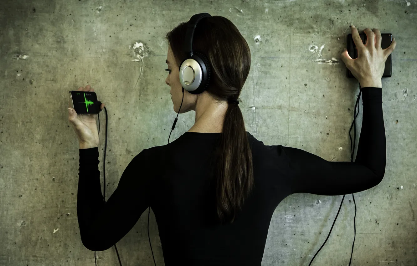 Photo wallpaper girl, music, wall, hair, headphones, sound