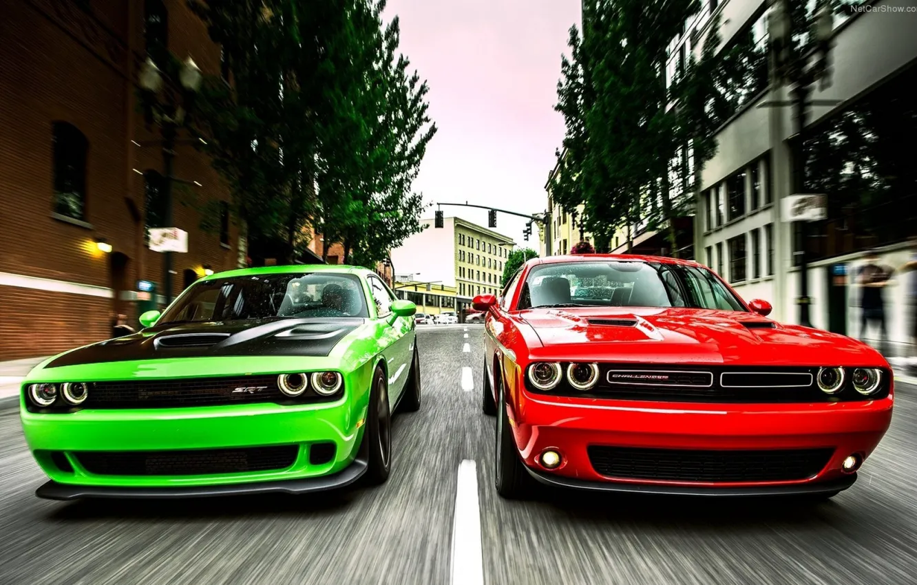 Photo wallpaper Muscle, Red, Race, Cars, Dodge Challenger, Green, Speed, Hellcat, SRT