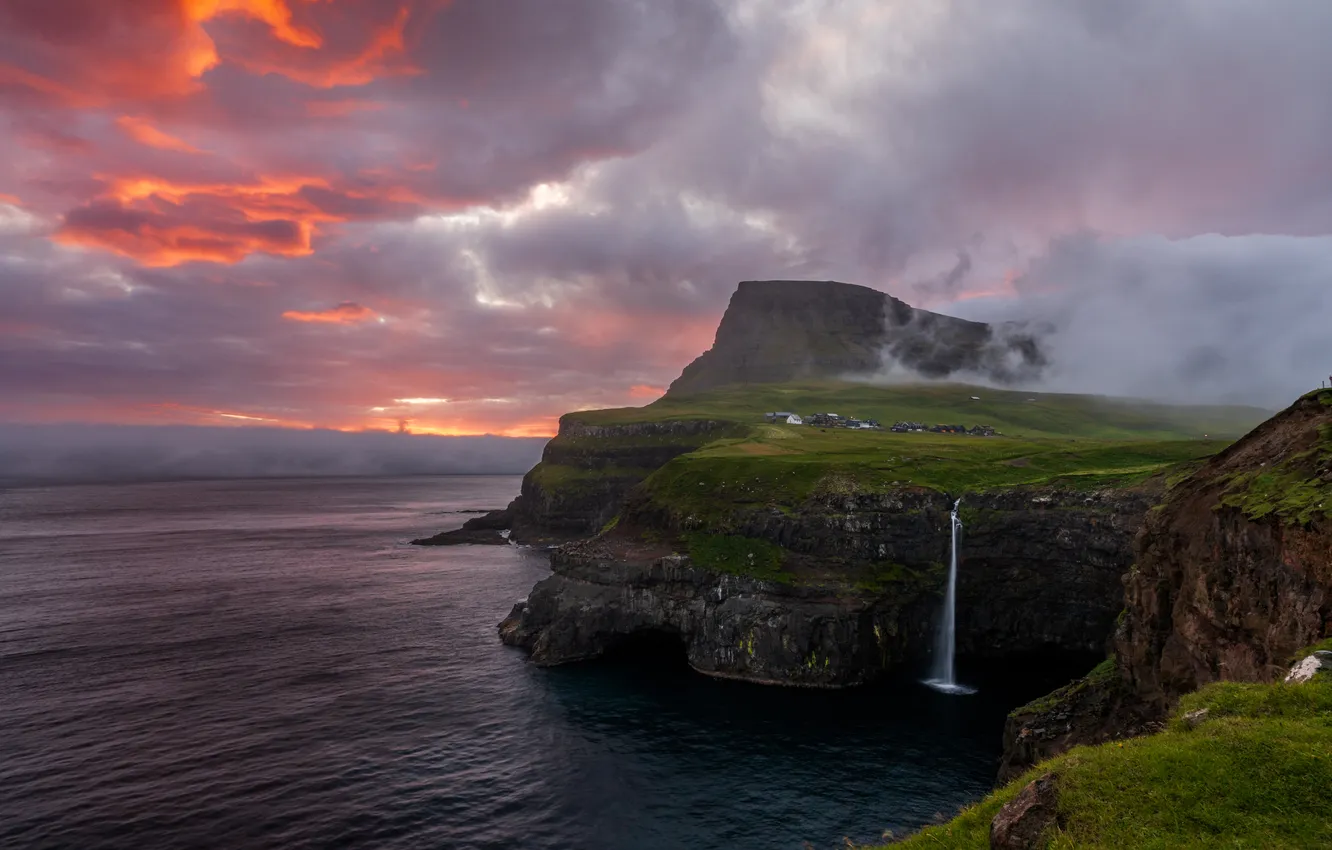 Photo wallpaper sea, the sky, grass, clouds, sunset, mountains, clouds, fog