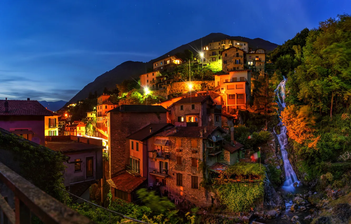 Photo wallpaper trees, mountains, night, the city, lights, blue, view, building