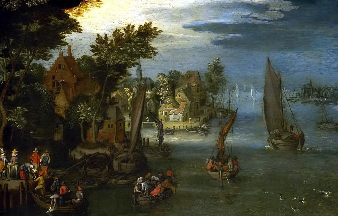 Photo wallpaper picture, sail, Jan Brueghel the elder, River Landscape with Boats and Ferries