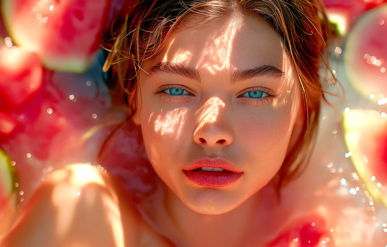 Photo wallpaper look, water, girl, light, face, pose, shadow, watermelon