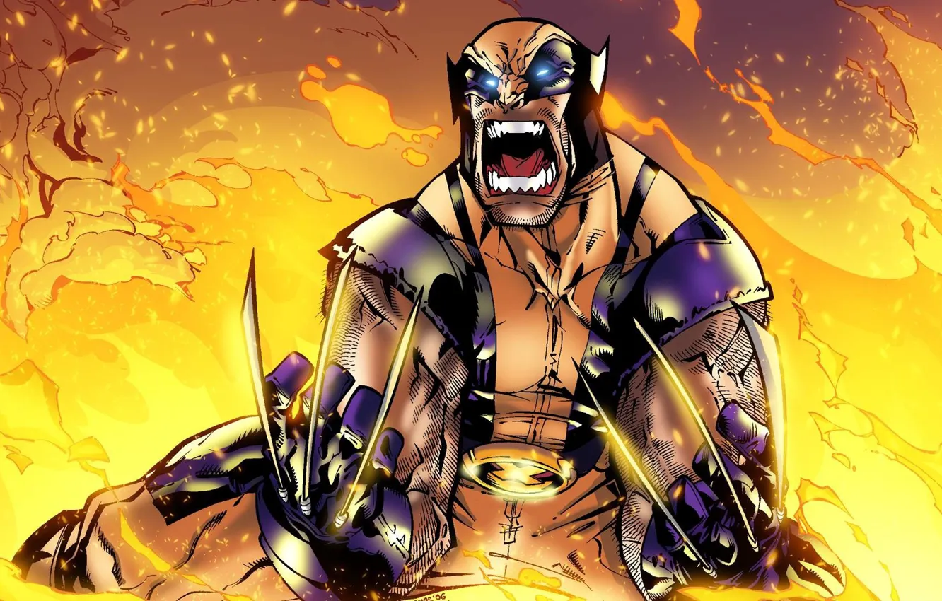 Photo wallpaper lights, rage, hero, costume, claws, fire, Wolverine, Logan